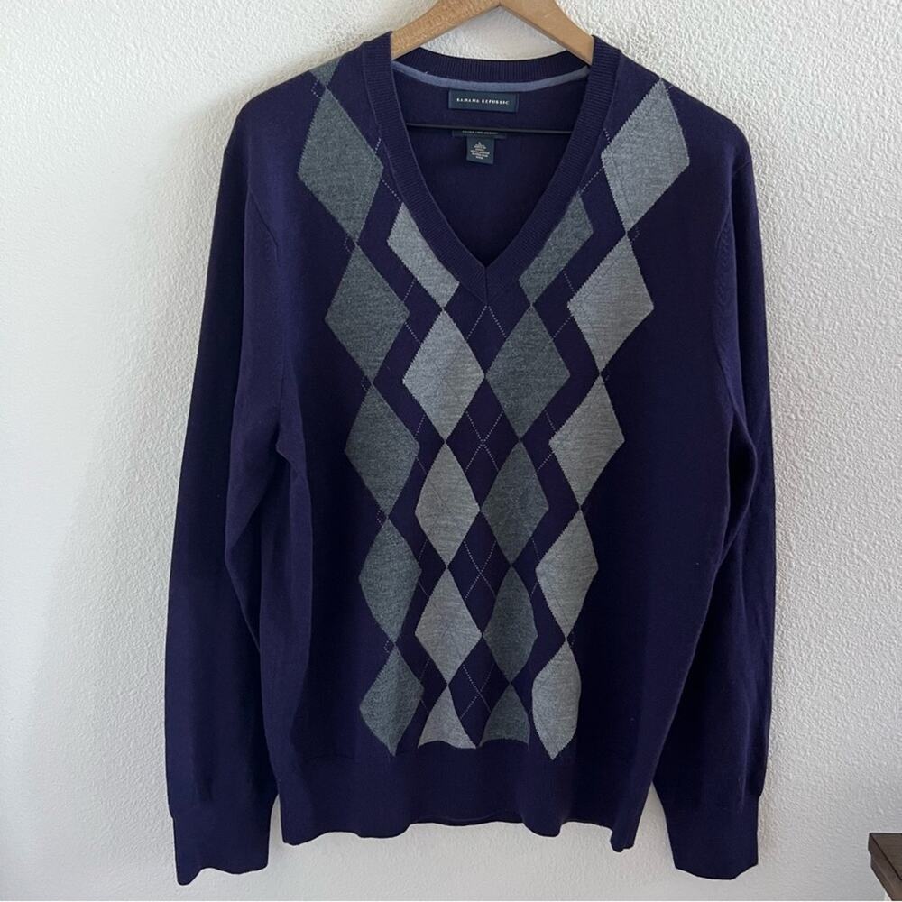 Banana Republic Extra Fine Merino Wool Men's Sweater Purple Gray Diamond Check L